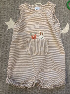 Carter's Easter Spring Tan & White Striped Bunny Pocket Romper
